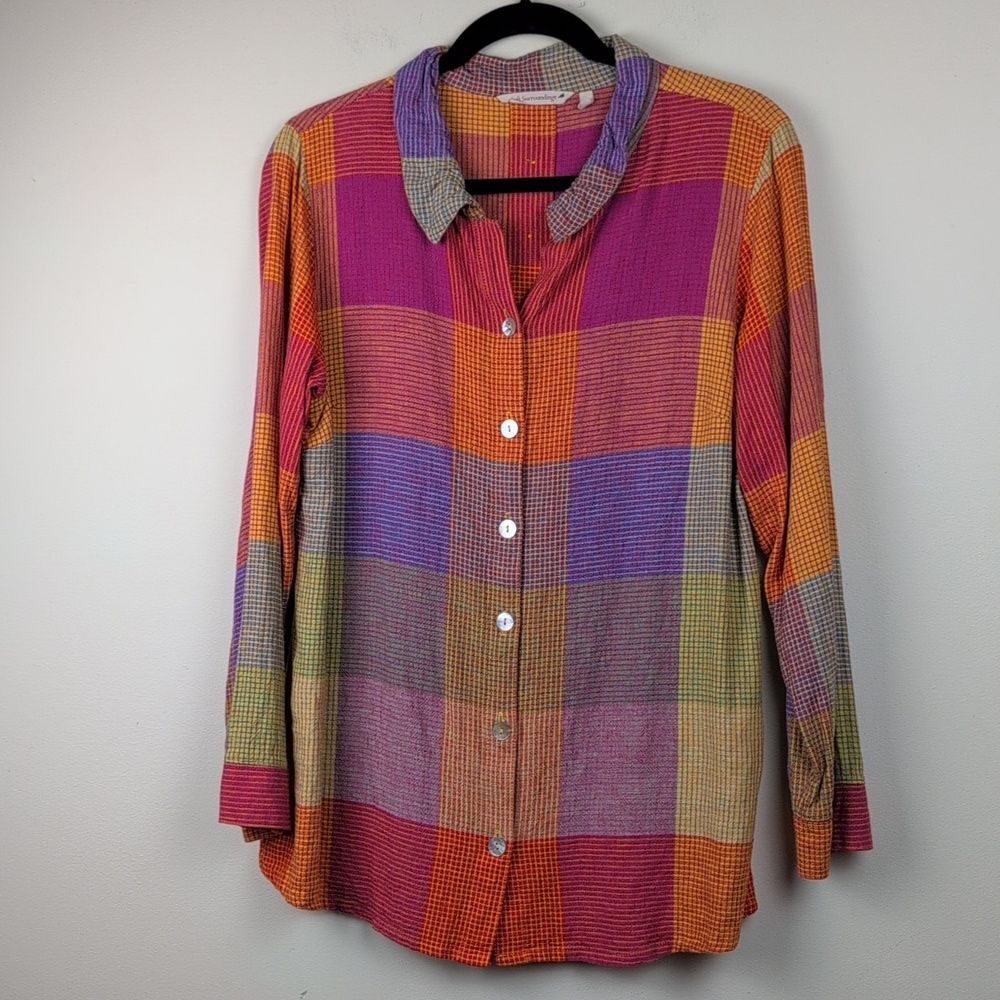 Soft Surroundings Patchwork Plaid Linen Blend Galina Tunic Button Front Top - Picture 11 of 11